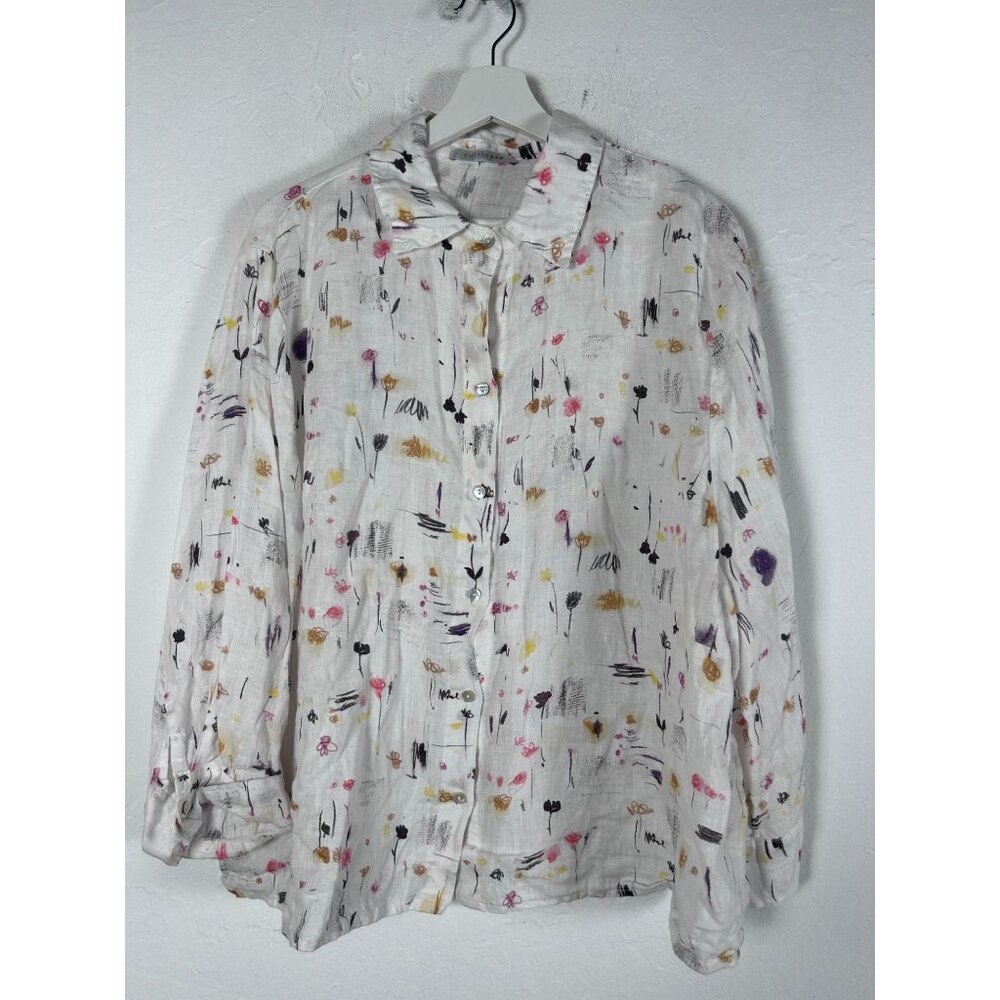 Cut Loose Womens Floral Button-Up Crop Shirt Large White Multicolor Lightweight